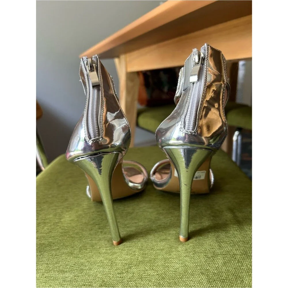 Windsor Silver Rhinestone Ankle-Strap Heels Size 8